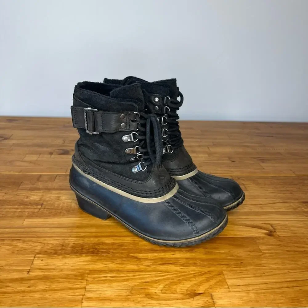 Sorel Winter Fancy Lace II Boot Black Suede Leather Snow Boots Size 7